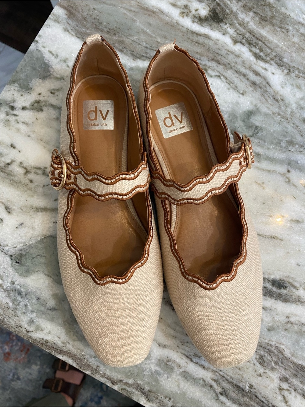 Dolce Vita Cream Scalloped Mary Jane Flats with Brown Trim